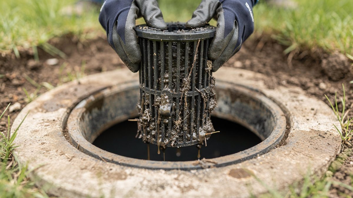 Effluent filter cartridge pulled from the outlet tee for cleaning, the condition of the vanes checked before a repair quote in Greene County, Missouri
