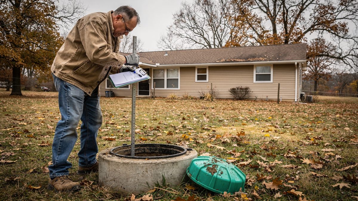 Septic inspector checking an open tank riser in a Springfield, Missouri yard before quoting septic tank repair